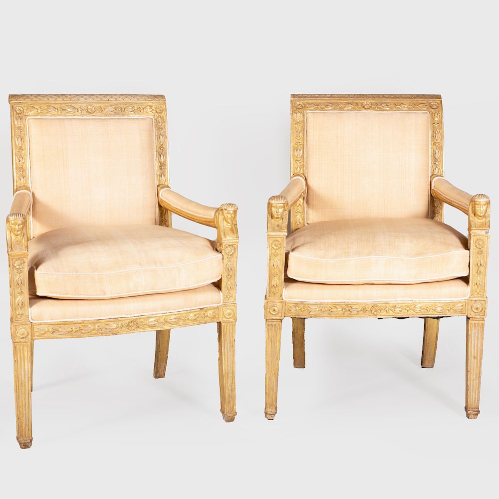 Appraisal: Near Pair of Empire Style Giltwood Fauteuils la Reine x