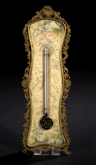 Appraisal: French Gilt-Brass-Framed Polychromed Ivory-Lacquered Table Thermometer in the Louis XV