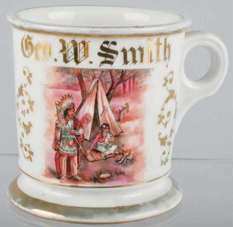 Appraisal: Indian Scene Shaving Mug Description Marked Geo W Smith across