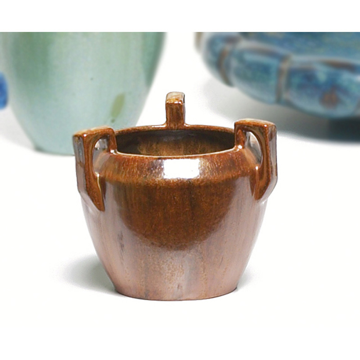 Appraisal: Fulper vase three handled form covered in a nice copper