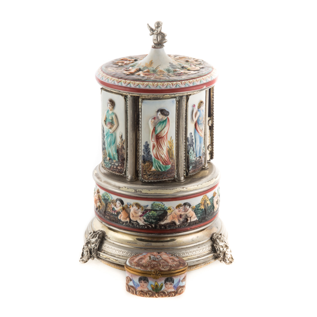 Appraisal: Capodimonte cigarette caddy and a snuff box cigarette caddy -