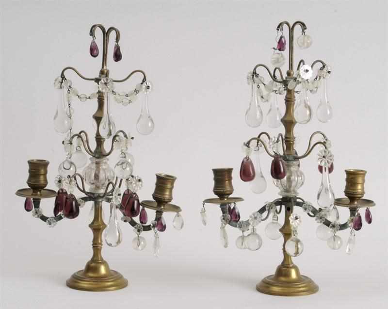 Appraisal: PAIR OF CONTINENTAL GLASS-MOUNTED BRASS TWO-LIGHT CANDELABRA Each with tiered