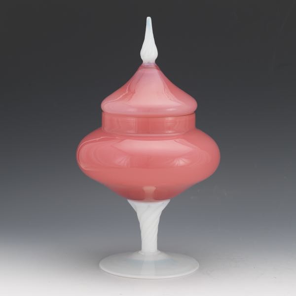 Appraisal: STEUBEN ROSELINE ALABASTER GLASS COVERED COMPOTE x Pink Rosaline glass