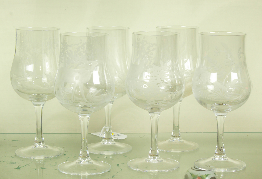 Appraisal: LOT OF CONTINENTAL ENGRAVED WINE GLASSES Lot of Continental engraved