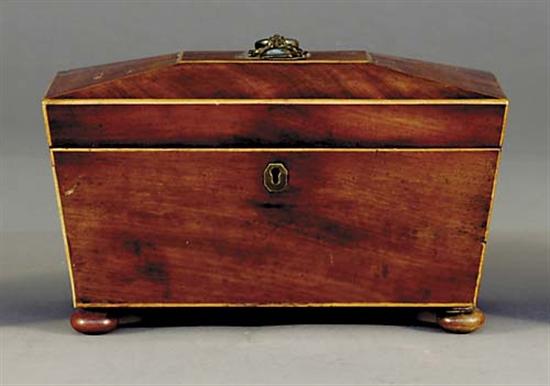 Appraisal: Regency inlaid mahogany tea caddy early th centurycasket-form lid lifting