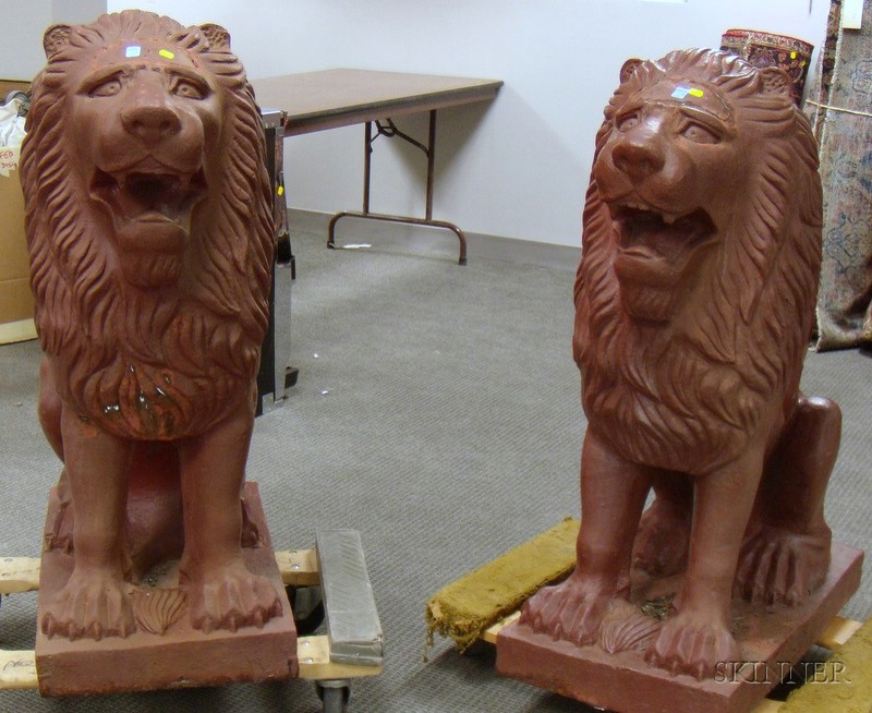 Appraisal: Pair of Cast Iron Seated Lion Garden Ornaments ht in