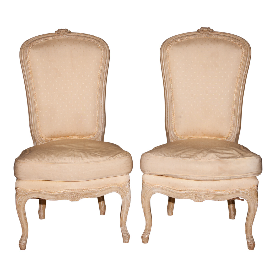 Appraisal: Pair of Louis XV Style Painted Chauffeuses Each padded backrest