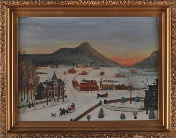 Appraisal: AMERICAN SCHOOL WINTER SCENE WITH SLEIGH RIDERS Oil on board