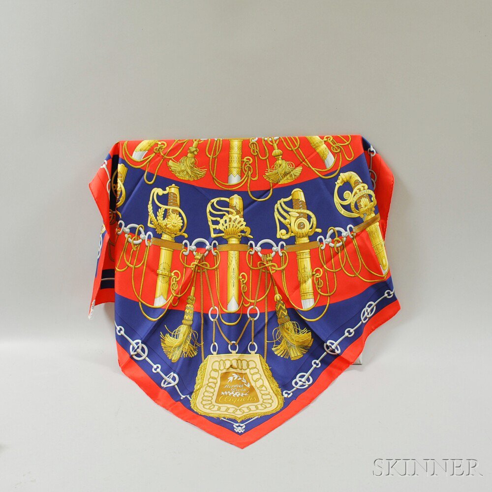 Appraisal: Hermes Cliquetis Red and Blue Silk Scarf Julia Abadie for