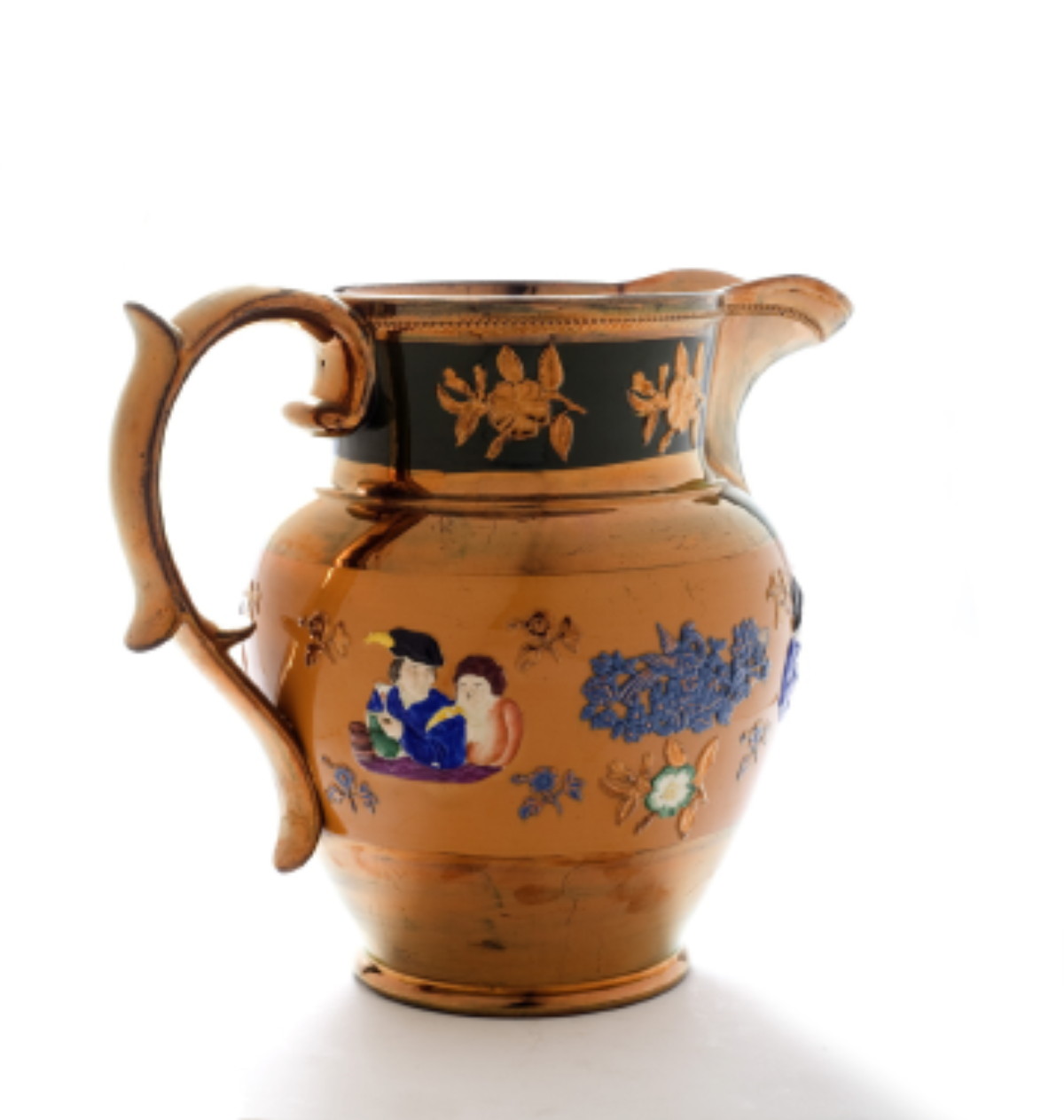 Appraisal: STAFFORDSHIRE ENAMEL AND COPPER LUSTRE-DECORATED JUG CIRCA - Sprigged beneath