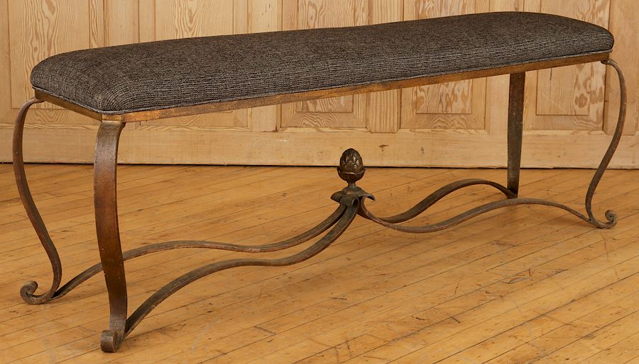 Appraisal: WROUGHT IRON UPHOLSTERED BENCH CIRCA A wrought iron upholstered bench