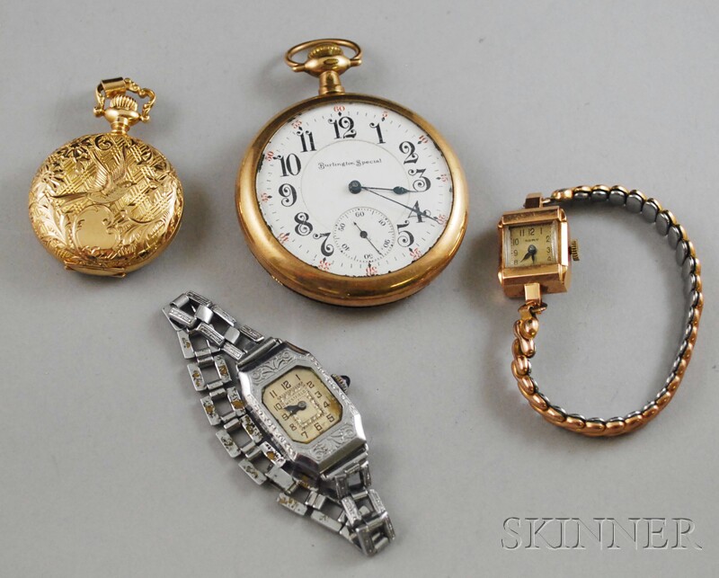 Appraisal: Four Pocket and Wristwatches a small kt gold Illinois hunting