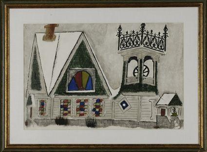 Appraisal: American School th C Church Mixed media on paper unsigned