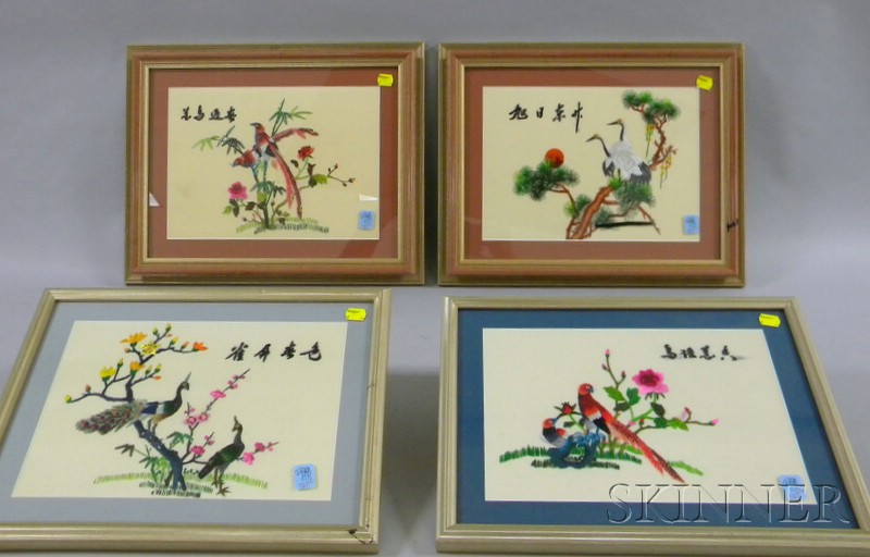 Appraisal: Set of Four Framed Modern Asian Embroidered Panels sight size