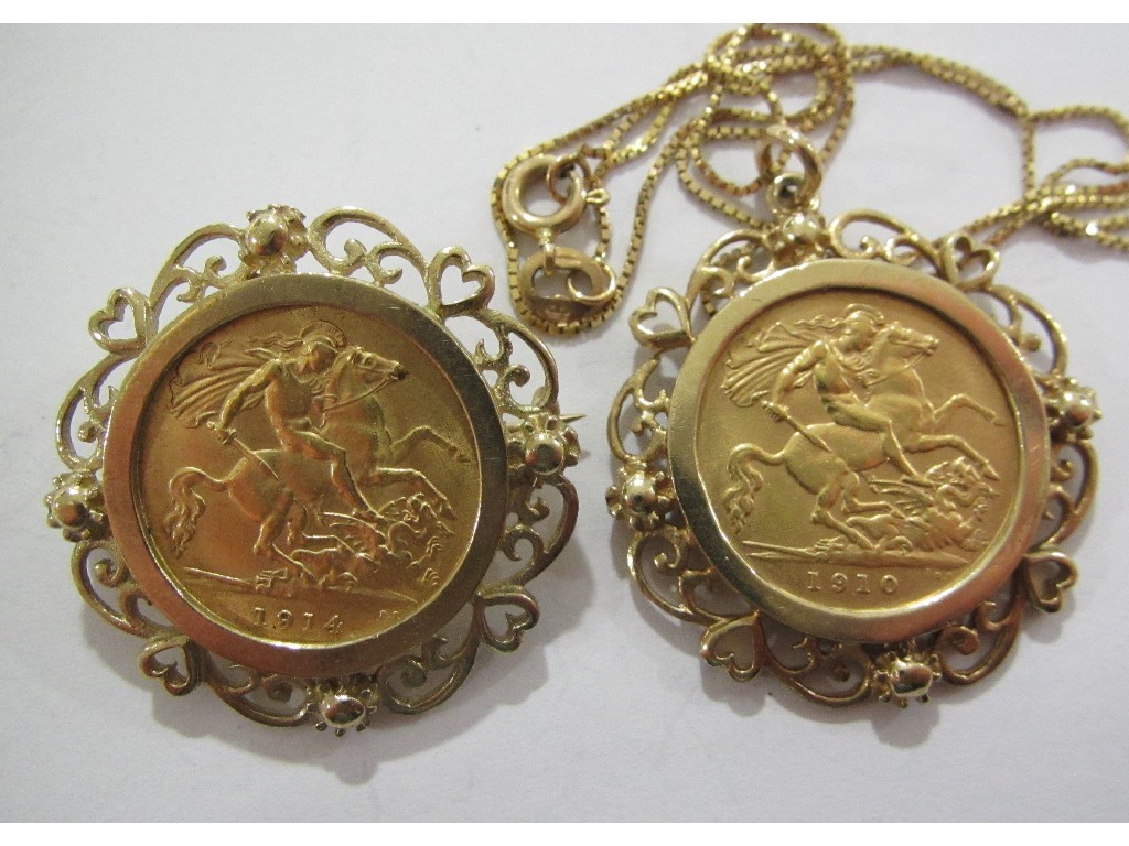 Appraisal: Two half sovereigns dated both in ct gold mounts Total