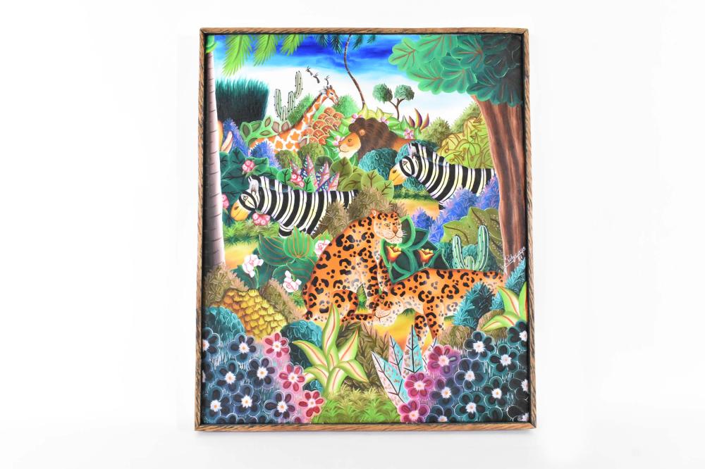 Appraisal: JEROME POLYCARPE HAITIAN B PAINTINGWildlife Menagerie in a Lush Jungle