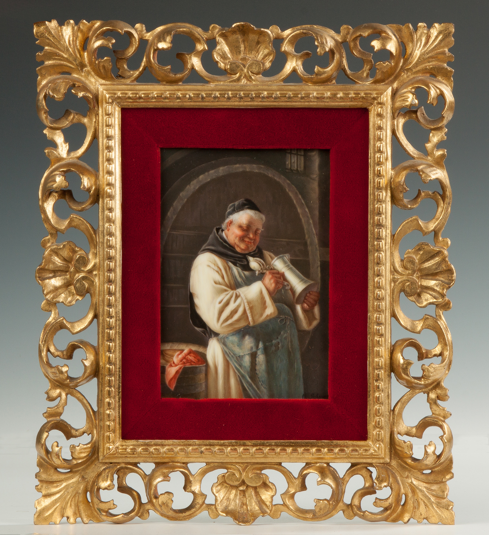 Appraisal: Painting on Porcelain of a Monk with Tankard th cent