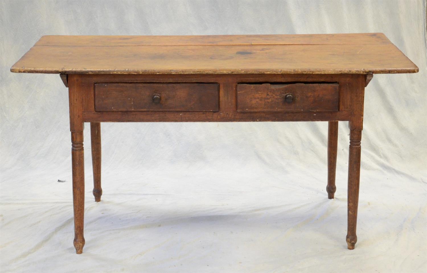 Appraisal: Sheraton farm table with drawers pin top on turned legs