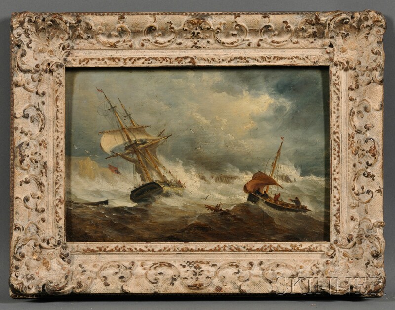 Appraisal: American School th Century Stormy Weather Coastal Scene with Vessels