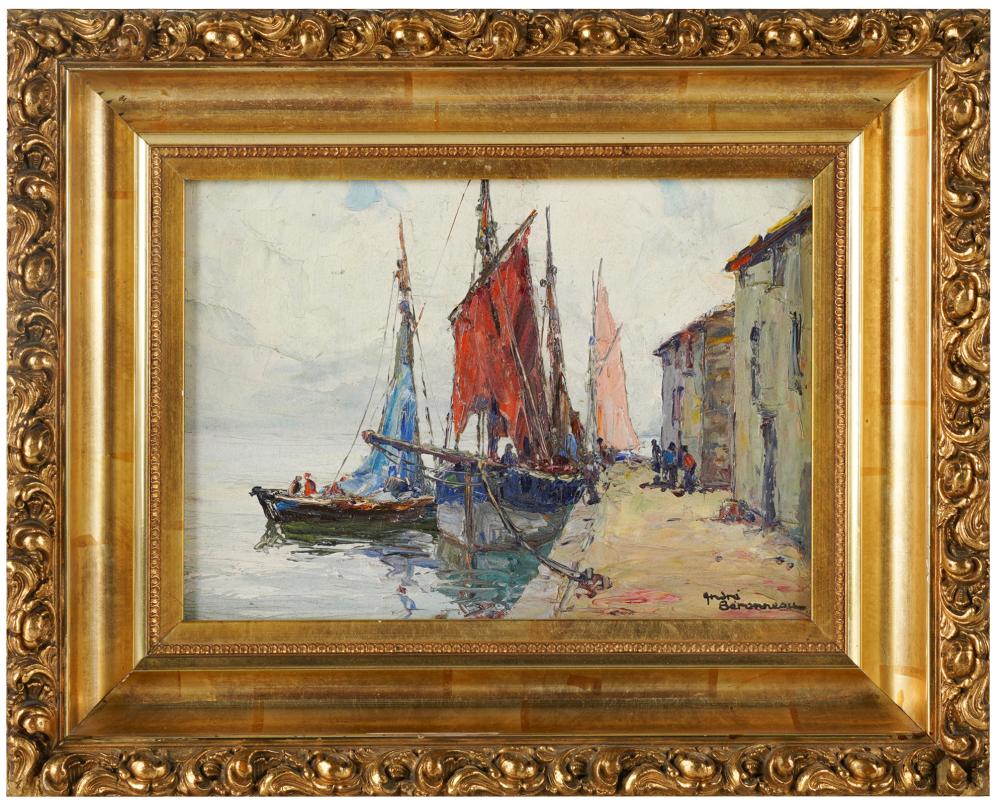 Appraisal: ANDRE BERONNEAU - BRITTANY FISHING BOATS oil on board signed