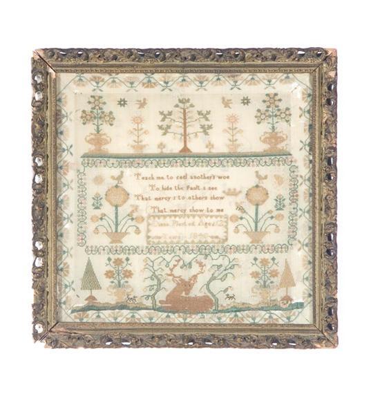 Appraisal: ENGLISH SAMPLER Diana Plested ailk on wool Minutely stitched motifs