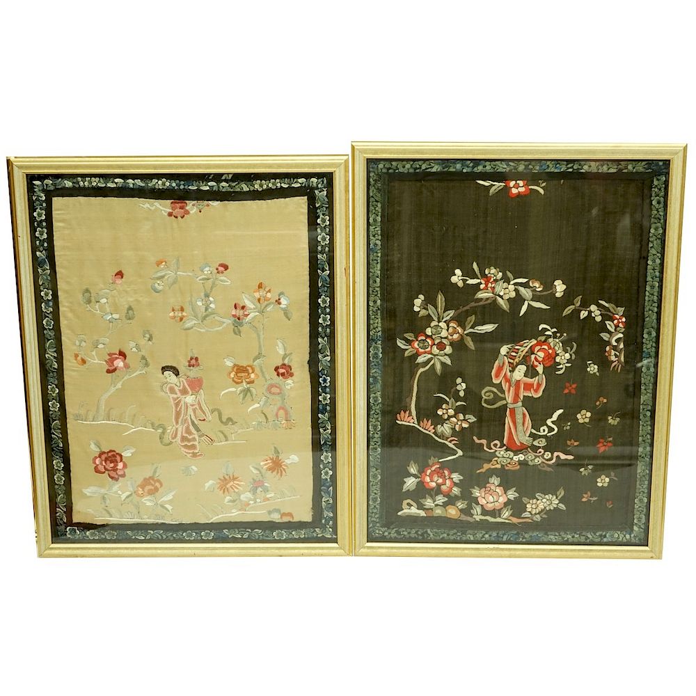 Appraisal: Chinese Silk Embroidered Panels Two Chinese Silk Embroidered Panels Largest