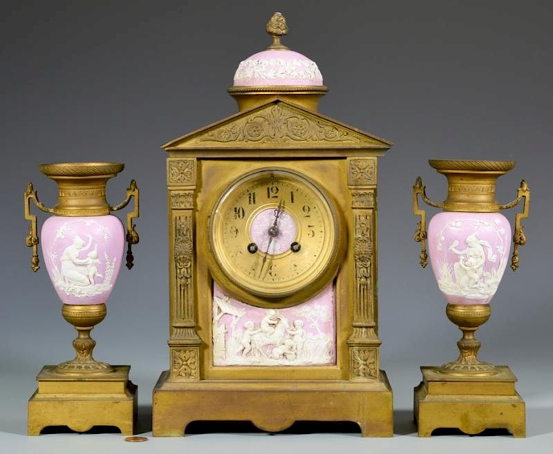 Appraisal: -Piece Gilt Bronze French Garniture Set -Piece French pink Jasperware