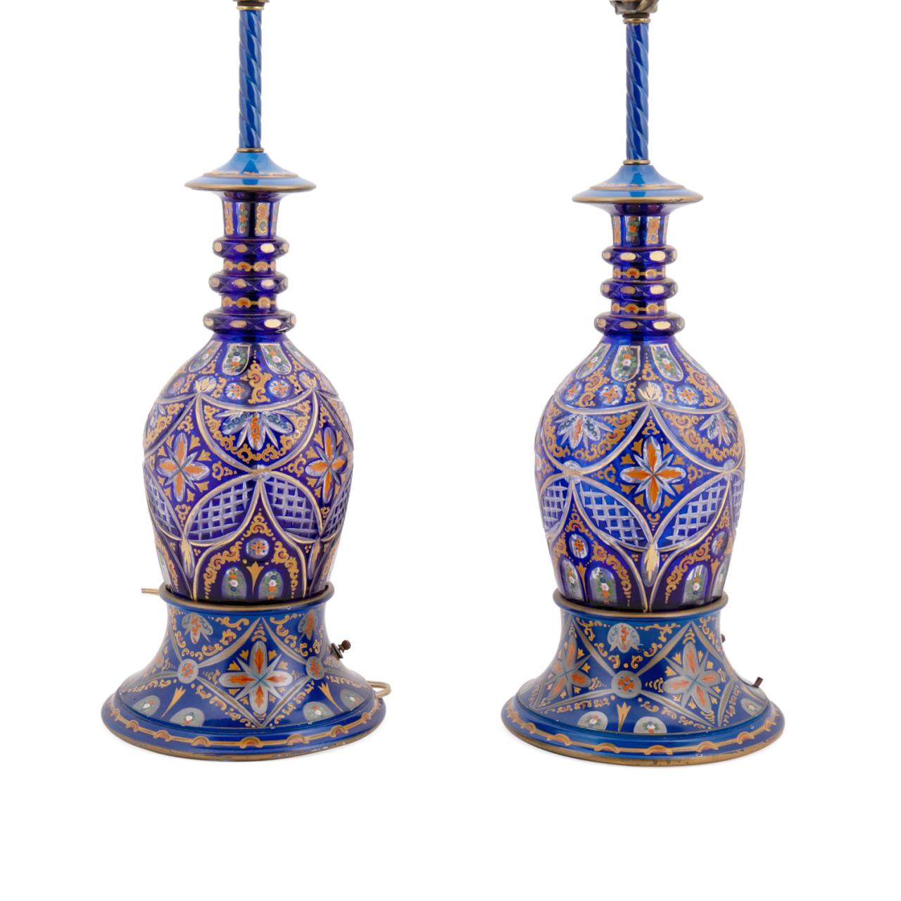 Appraisal: PAIR OF BOHEMIAN COBALT DECANTERS MOUNTED AS LAMPS Pair of