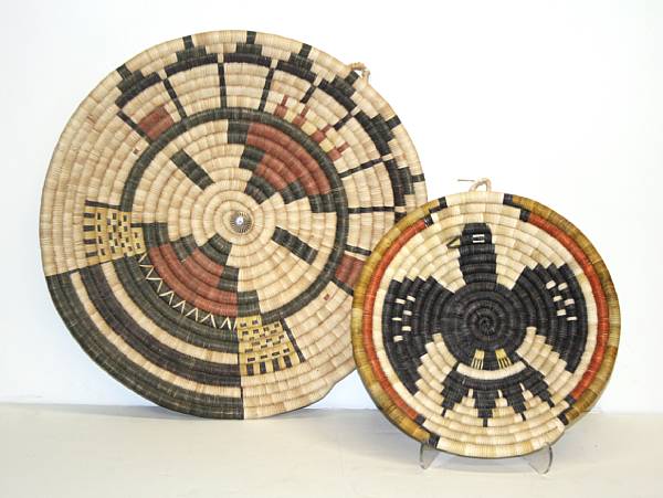 Appraisal: Two Hopi polychrome basketry pictorial plaques diameter and in