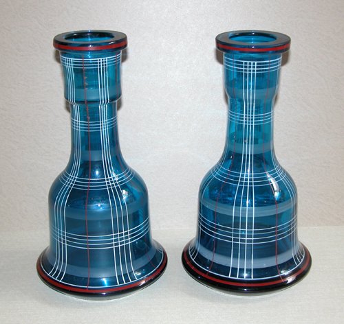 Appraisal: Title Pair of blue glass water bottles with checkered line