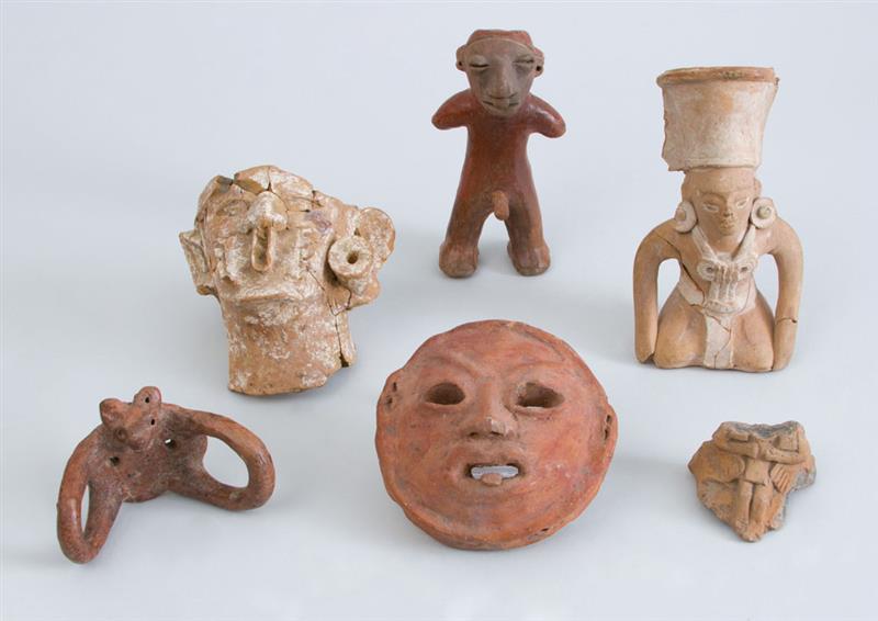 Appraisal: GROUP OF SIX PRE-COLUMBIAN POTTERY FIGURES AND FRAGMENTS Including a