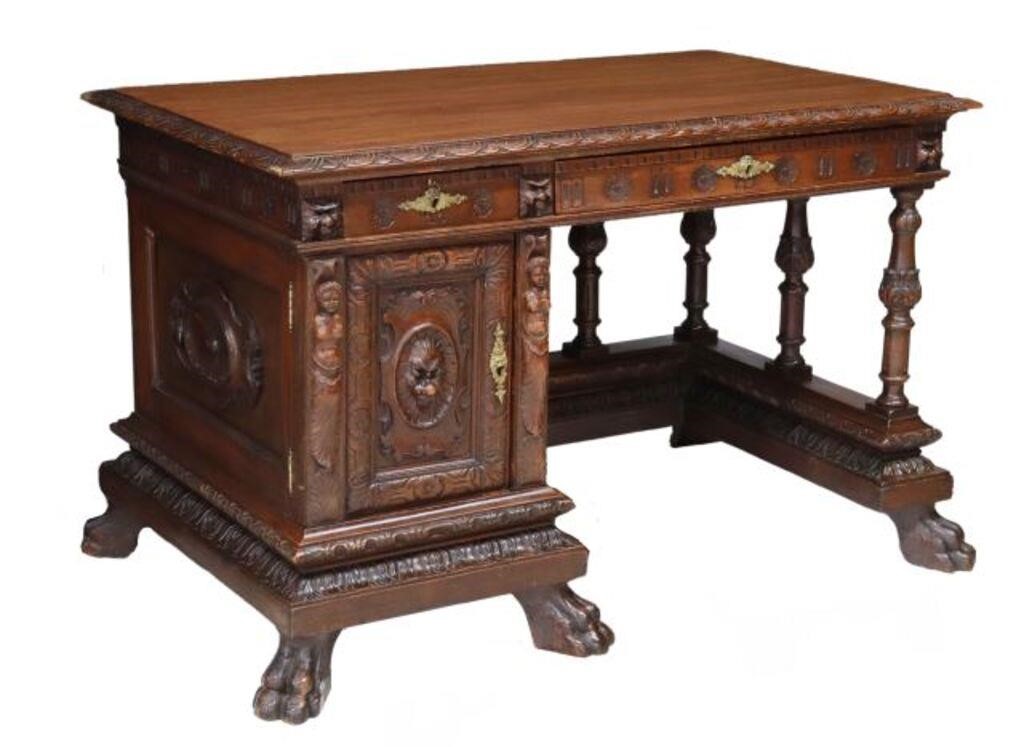 Appraisal: Italian Renaissance Revival walnut writing desk early th c rectangular