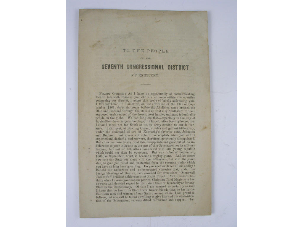 Appraisal: Rare Kentucky Confederate Imprint To The People Of The Seventh