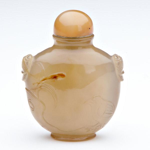 Appraisal: CHINESE SNUFF BOTTLE Spade-shaped bottle of jade carved with quail