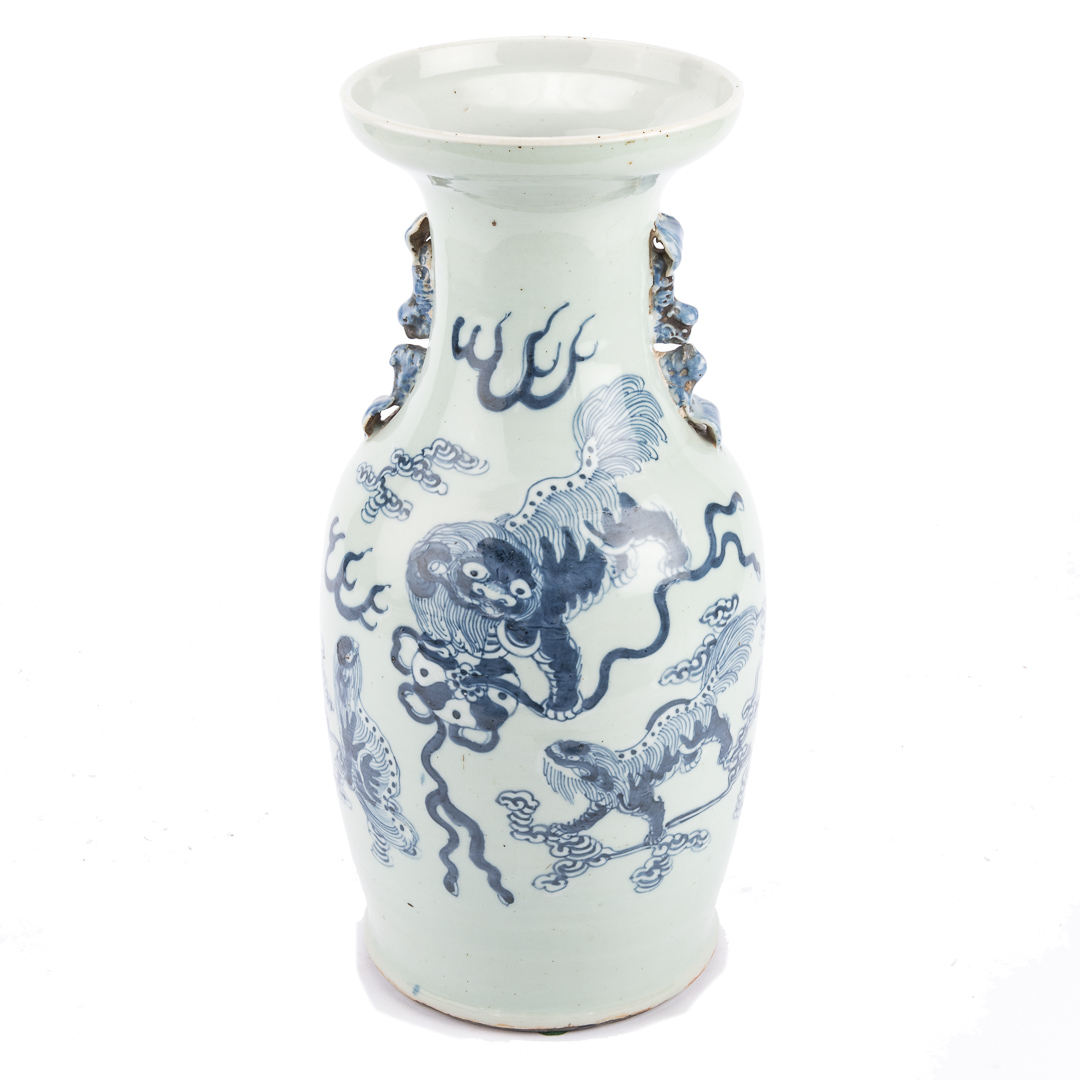 Appraisal: Chinese Export blue white on celadon vase circa with foo