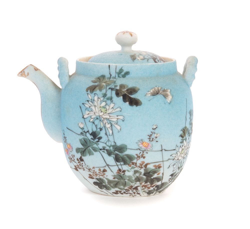 Appraisal: Signed Japanese Sharkskin Tea Pot Japanese sharkskin porcelain teapot floral