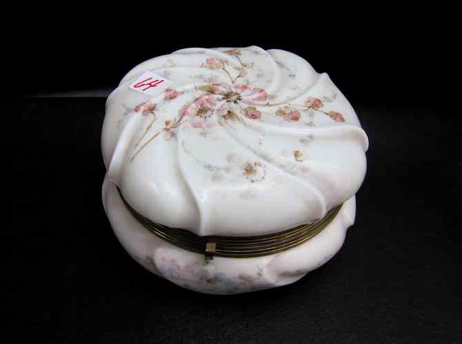 Appraisal: WAVE CREST SATIN GLASS DRESSER BOX round with hand enameled