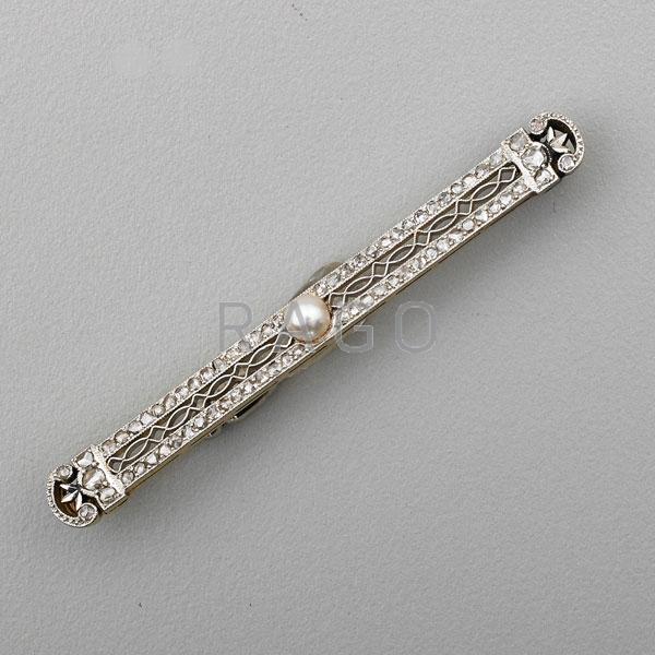 Appraisal: ART DECO DIAMOND FILIGREE BAR PIN WITH PEARL Condition Report