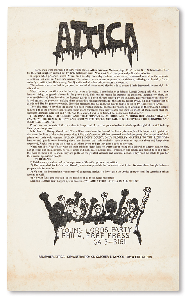 Appraisal: CIVIL RIGHTS--YOUNG LORDS Attica Broadside x - inches offset printed