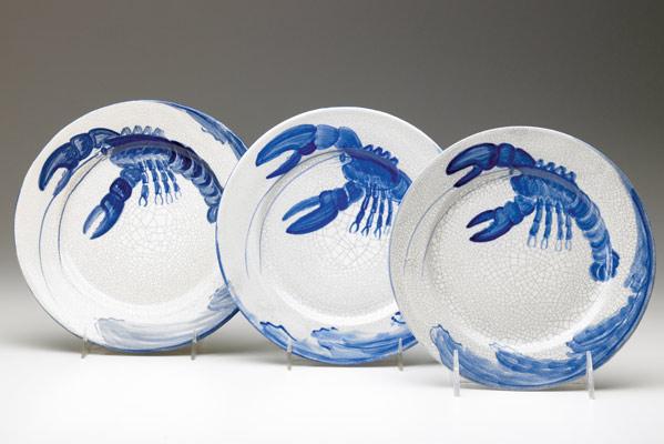 Appraisal: DEDHAM Crackleware three Lobster plates one has pinkish cast Indigo