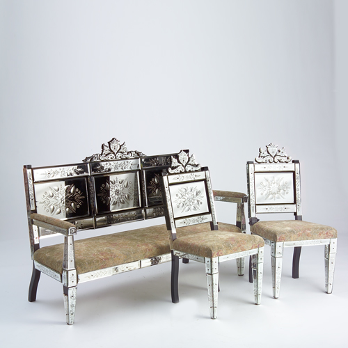 Appraisal: Settee and two side chairs each covered in etched and