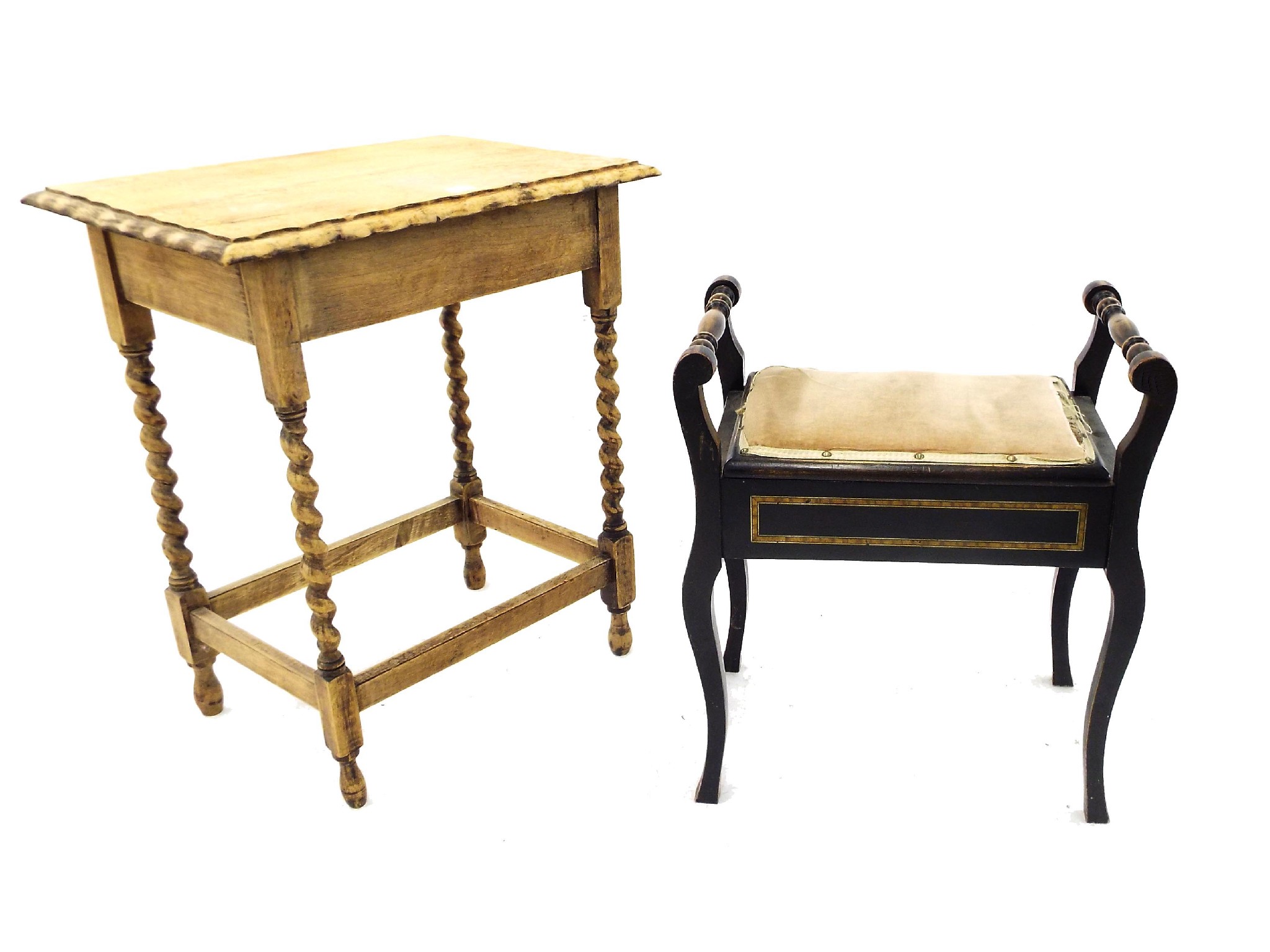 Appraisal: Edwardian ebonised and walnut inlaid piano stool with stuffover hinged