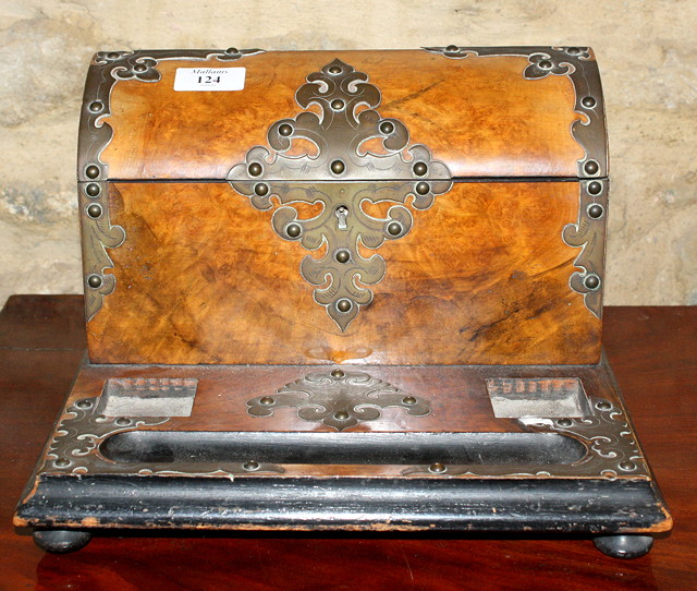 Appraisal: A VICTORIAN WALNUT BRASS MOUNTED DESK STAND with hinged rising