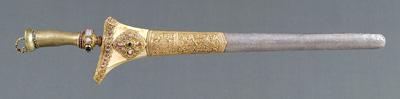 Appraisal: Gold and jeweled Kris Indonesian short sword with Damascus watered