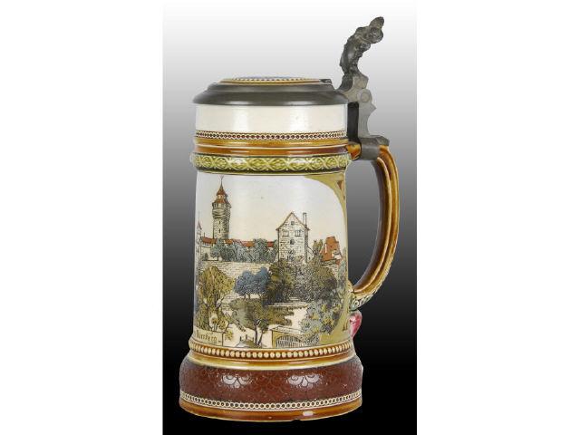 Appraisal: Pair of Mettlach German Steins Description First depicts Nuremberg with