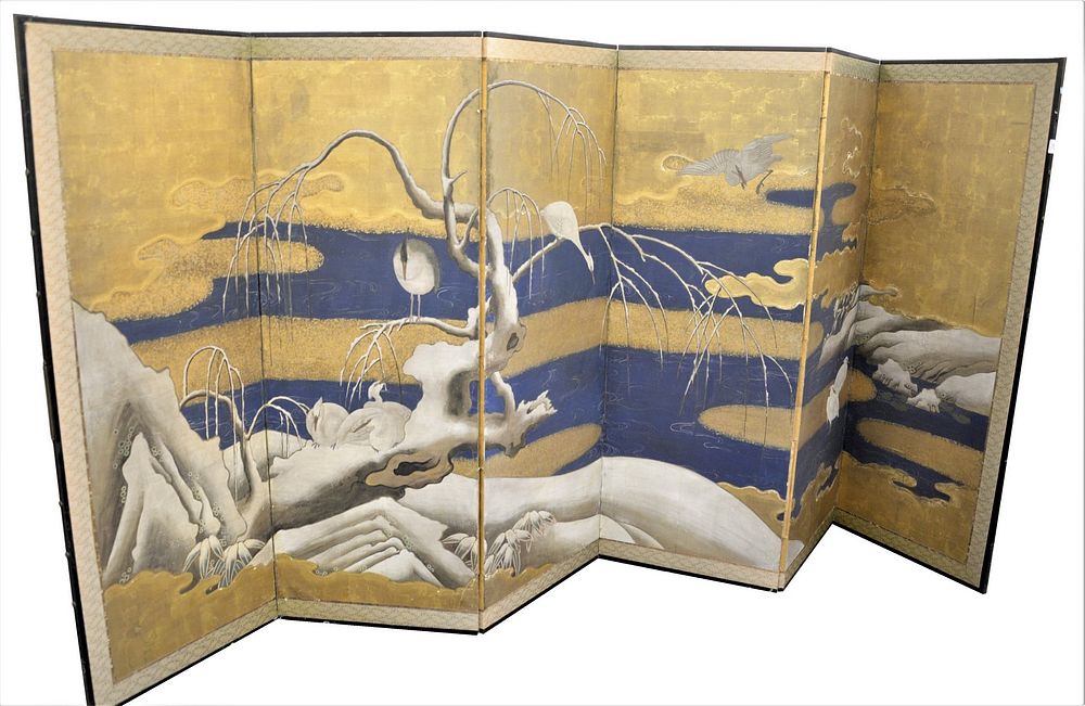 Appraisal: Six-Fold Gilt and Polychrome Painted Floor Screen depicting herons and