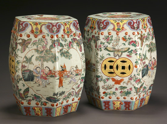 Appraisal: Pair of Chinese Export 'Famille Rose' Hexagonal Garden Seats th