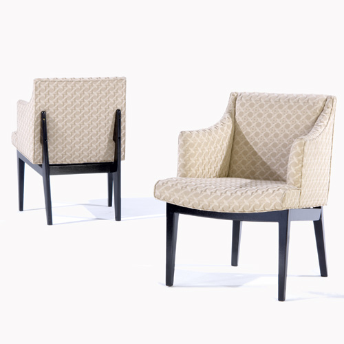 Appraisal: DUNBAR Pair of armchairs upholstered in gold basketweave fabric Brass