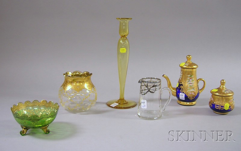 Appraisal: Six Moser Glass Items including a gilded cobalt blue pitcher