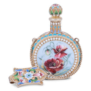 Appraisal: A Russian Enameled Silver-Gilt Scent Flask and Clip Maker's Mark